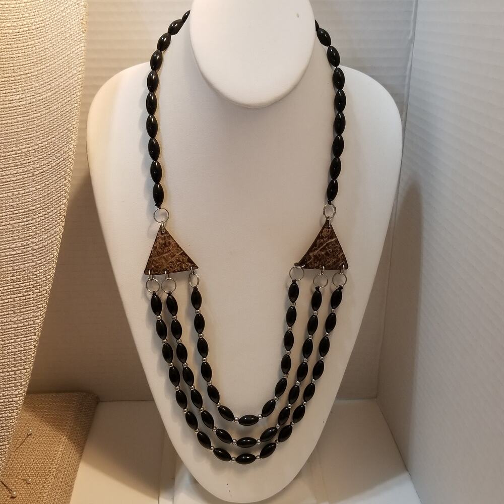Tribal rustic style necklace multi strand black beads accented with coconut shel